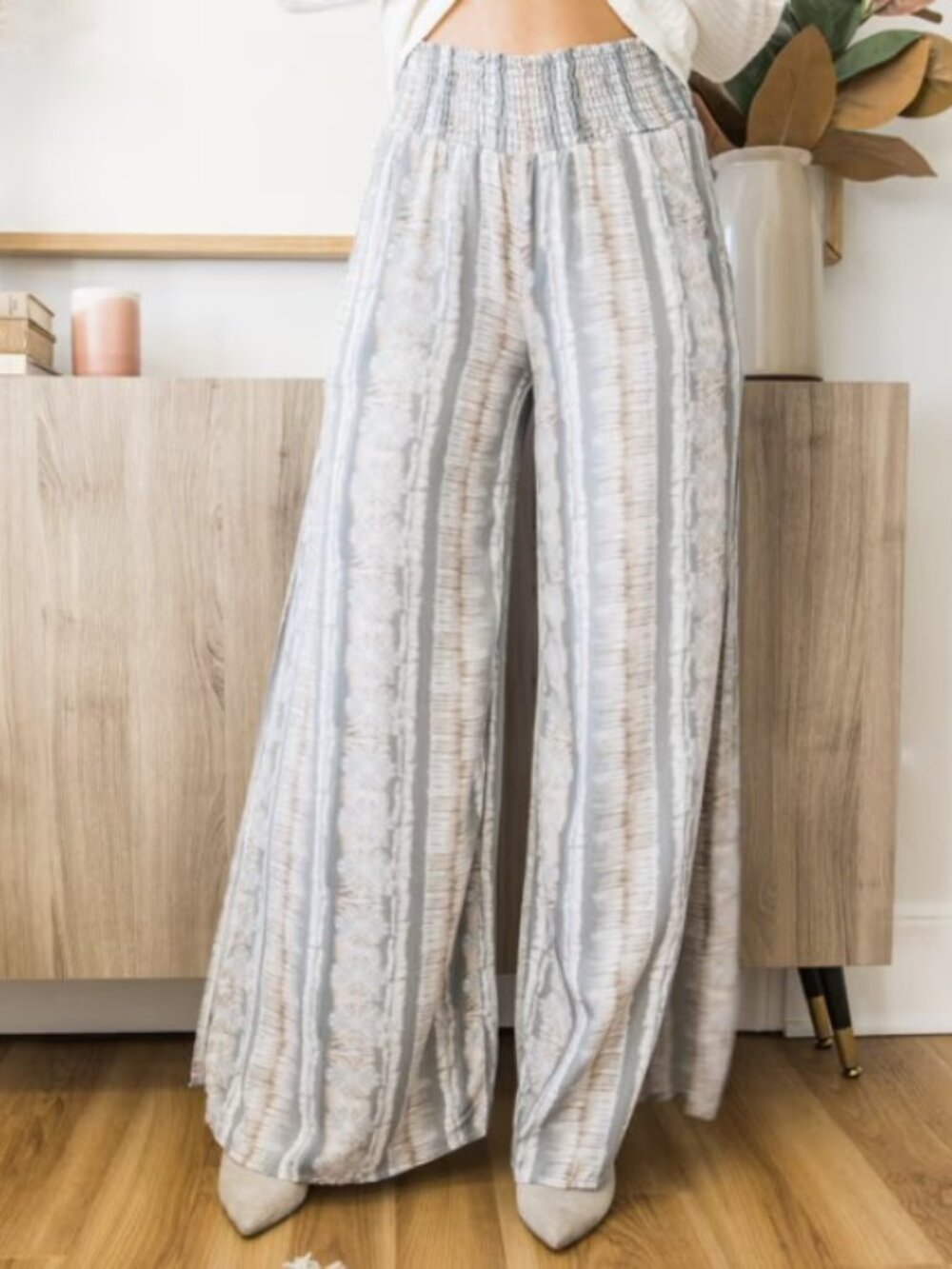 Sozy Miranda Jade Combo High Waist Striped Pants with Side Slits and Pockets.
